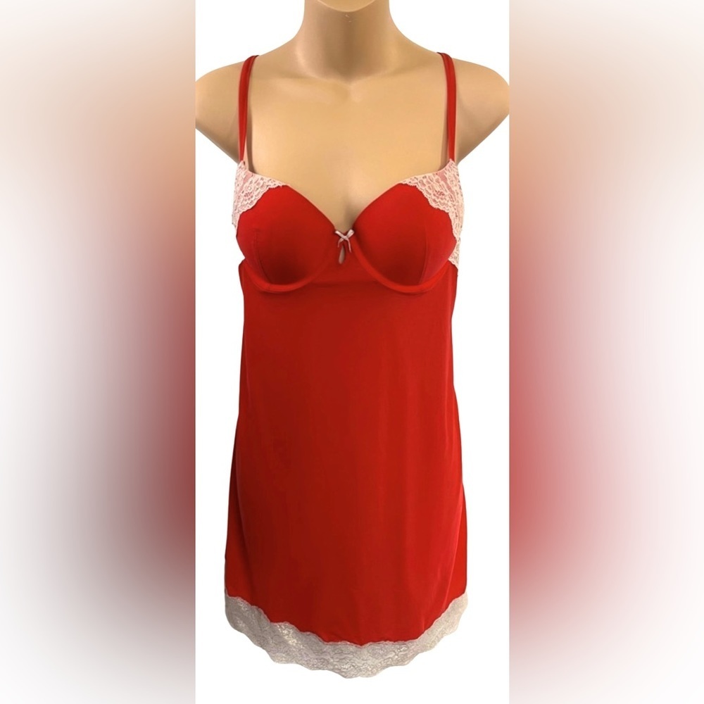 VICTORIAS SECRET • Red Lace & Rhinestone Detail Lingerie Slip 36b